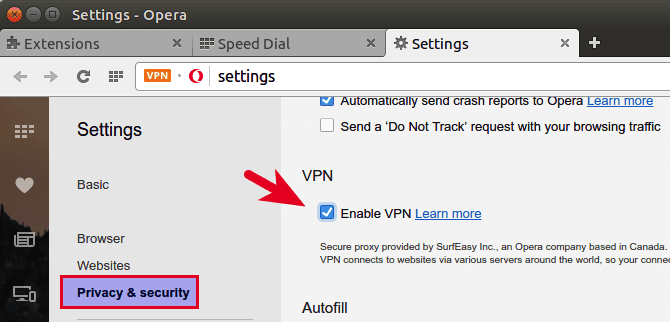 włączanie odznaki przeglądarki opera VPN